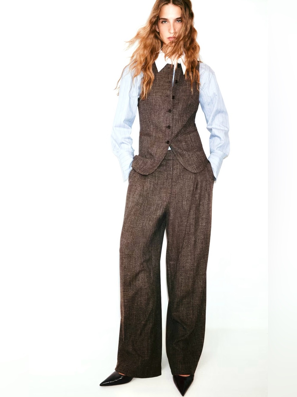 H&M Brown Vest and Wide-Leg Pants Set